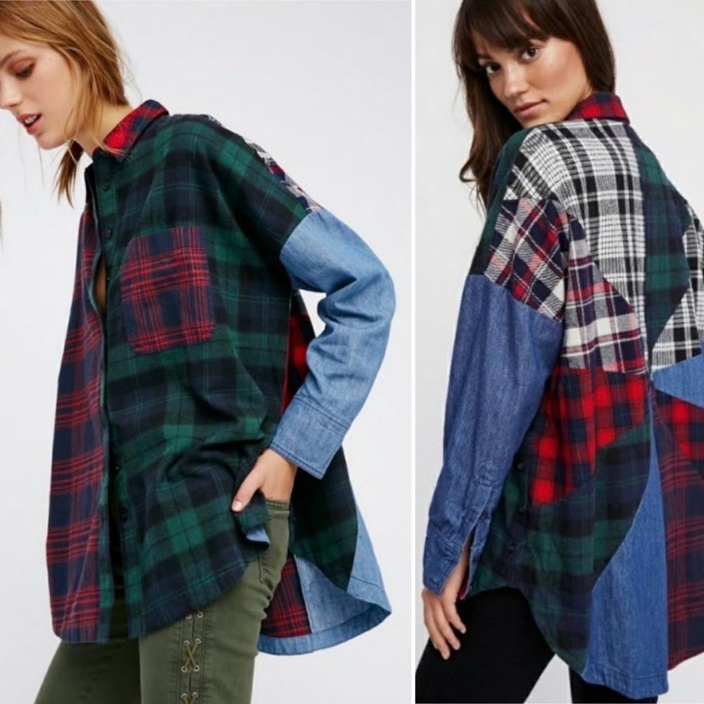 Free People Rainbow Rays Flannel and Denim Combo Button Down Shirt XS